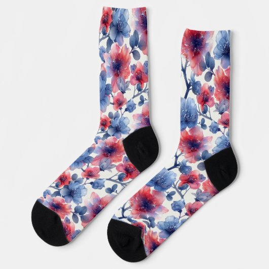 Chaussette Aquarelle rouge, fleurs bleues sur le blanc (Gauche)