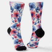 Chaussette Aquarelle rouge, fleurs bleues sur le blanc (Angulaire)