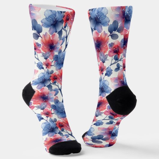 Chaussette Aquarelle rouge, fleurs bleues sur le blanc (Angulaire)