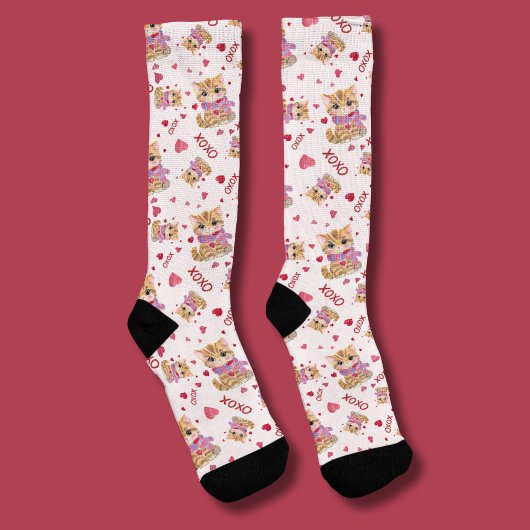 Chaussette Aquarelle Saint Valentin Kitty XOXO Motif