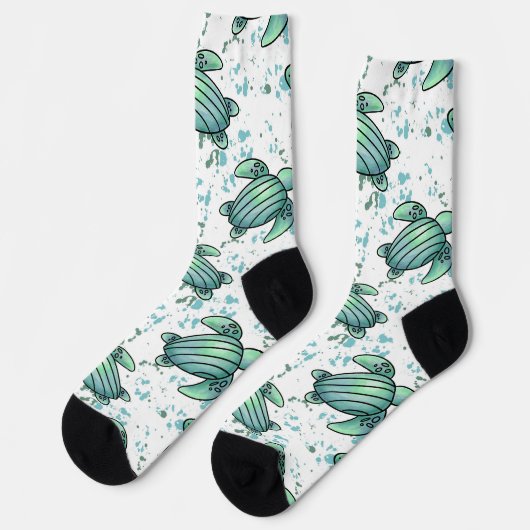 Chaussette aquarelle tortue de mer vert bleu animal motif (Gauche)