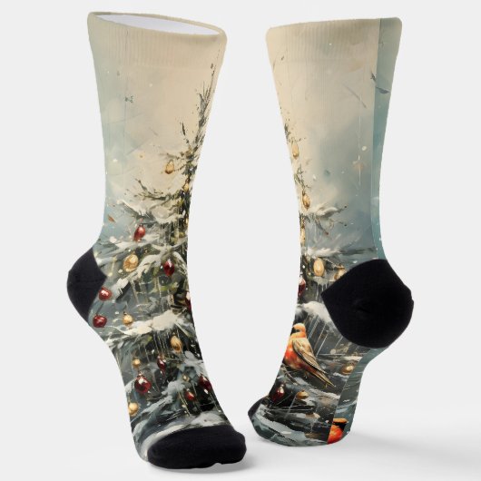 Chaussette Arbre de Noël rustique d'hiver Oiseaux rouges enne (Angulaire)