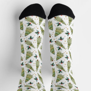Chaussette Arbres de Noël à l'aquarelle festive motif de houx
