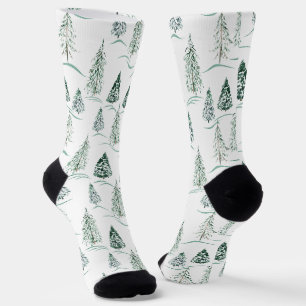 Chaussette Arbres de Noël à l'aquarelle. Forêt hivernale.