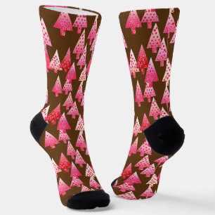 Chaussette Arbres de Noël Fleurs Modernes, Coral Rose & Brown