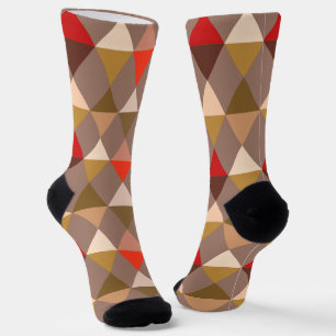 Chaussette Arlequin / motif diamant - Taupe et Rouge
