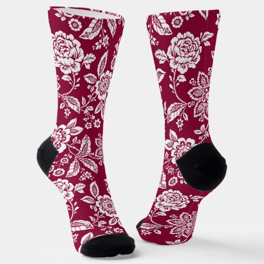 Chaussette Arrière - plan rouge avec florale blanche (Angulaire)