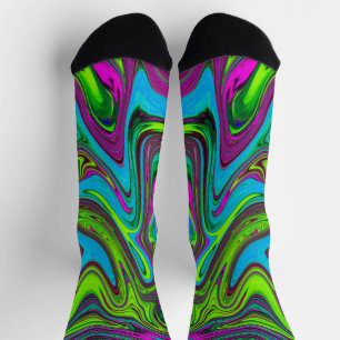 Chaussette Art abstrait vert, bleu et magenta ondulé