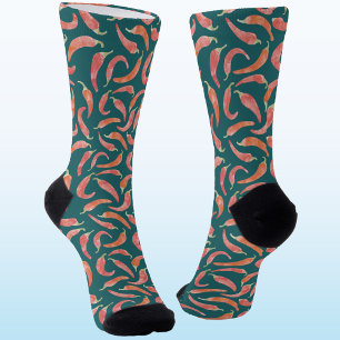 Chaussette Art aquarelle poivron rouge sarcelle verte