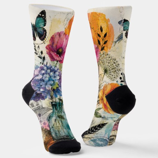 Chaussette Art de collage mixte botanique vibrant (Angulaire)