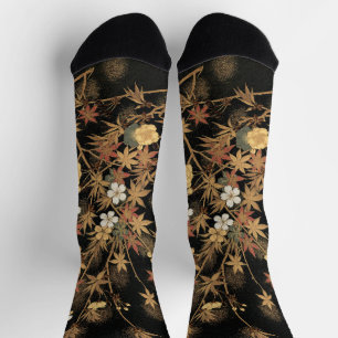Chaussette Art floral automnal noir doré vintage japonais