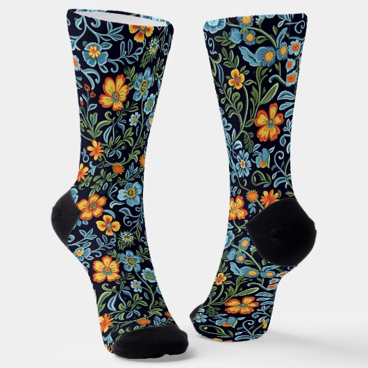 Chaussette Art floral complexe : Fleurs bleues et orange (Angulaire)