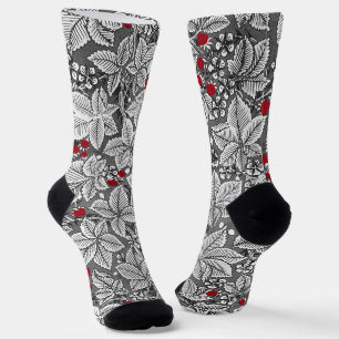 Chaussette Art Nouveau Fraises et Feuilles, Gris Argent