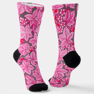 Chaussette Art Nouveau Fraises et Feuilles, Rose et Gris