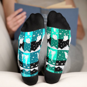 Chaussette Balayage nordique Animaux d'hiver Aqua Blue Plaid