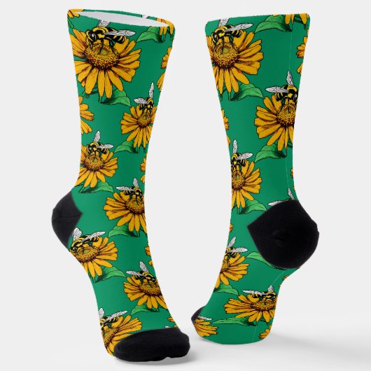 Chaussette Bee on Sunflower Flower Pattern Design Green  (Angulaire)