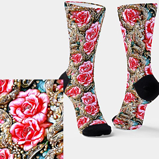 Chaussette Belle Fleurs et Perles Roses Effet 3D métallique