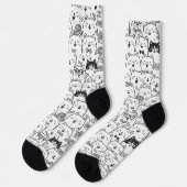 Chaussette Black and White Cute Doodle Cat Face Pattern Socks (Gauche)