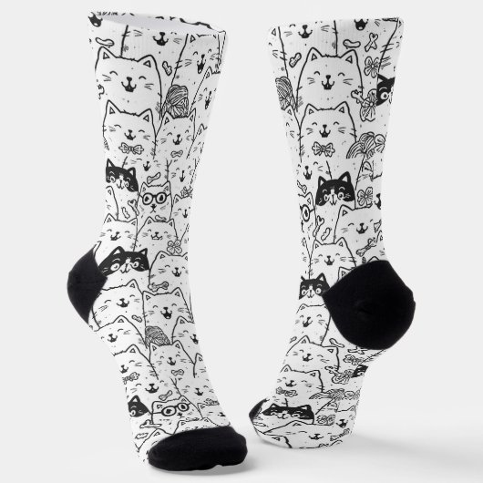 Chaussette Black and White Cute Doodle Cat Face Pattern Socks (Angulaire)