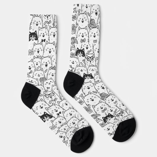 Chaussette Black and White Cute Doodle Cat Face Pattern Socks (Droite)