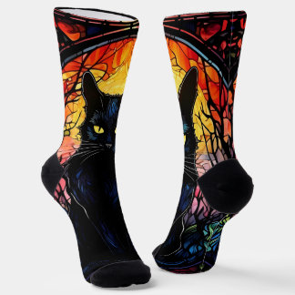 Chaussette Black Cat Vitrail Rouge Éffrayant