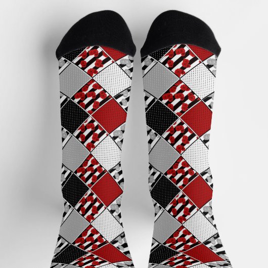 Chaussette Blanc noir avec patchwork rétro rouge (Haut)