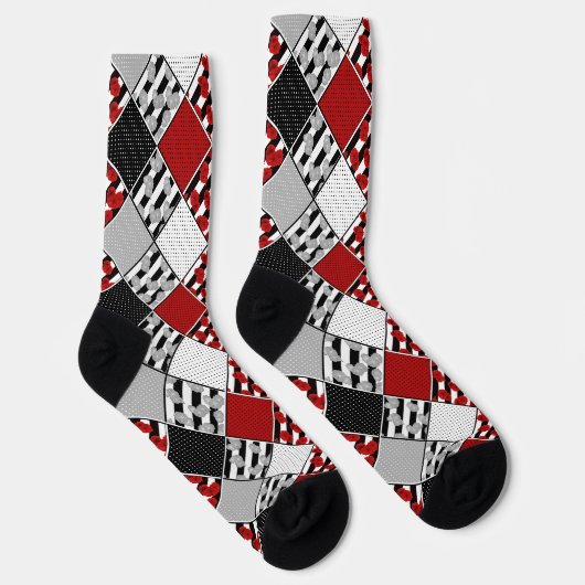 Chaussette Blanc noir avec patchwork rétro rouge (Droite)
