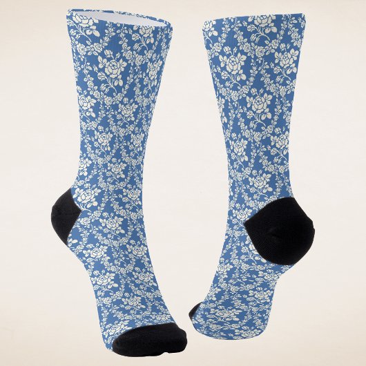Chaussette Bleu Blanc Floral Motif Botanique Chic