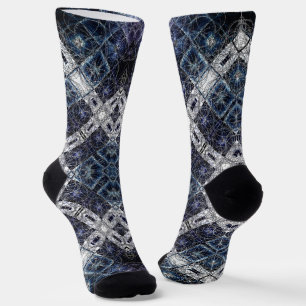 Chaussette Bleu Lumineux et Treillis Géométrique Blanc