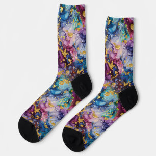 Chaussette Bleu marbre et violet avec des plaques d'or Accent