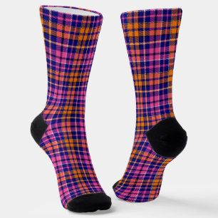 Chaussette Bleu marine rose orange carreaux design tartan