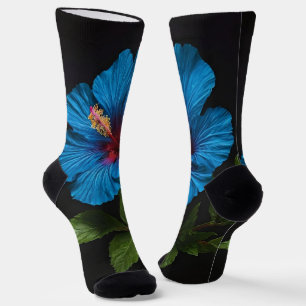 Chaussette "Bleu rayonnant : Fleur d'Hibiscus sur noir