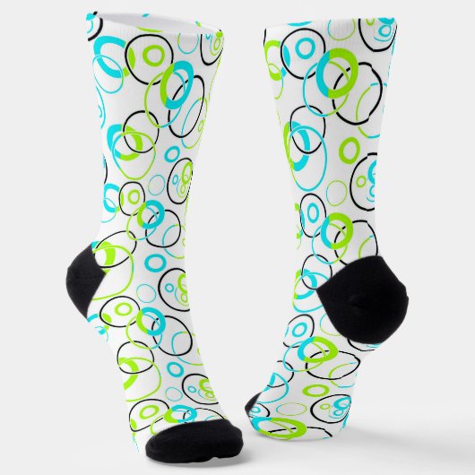 Chaussette blue green and black rings and circles on white  (Angulaire)