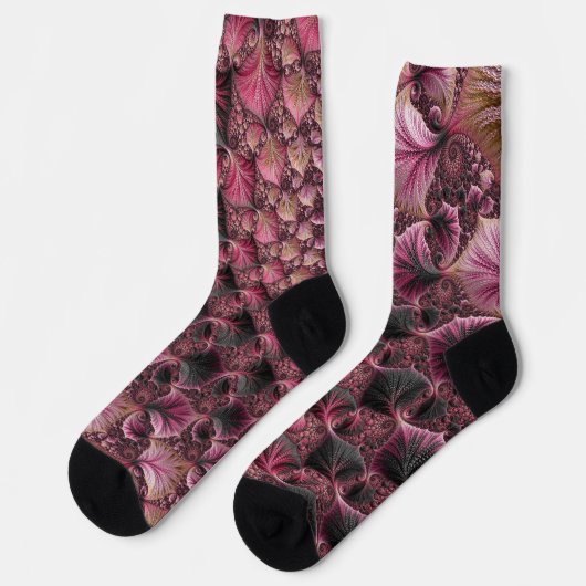 Chaussette Boho Funky Eclectique Rose Noir Abstrait Fractal (Gauche)