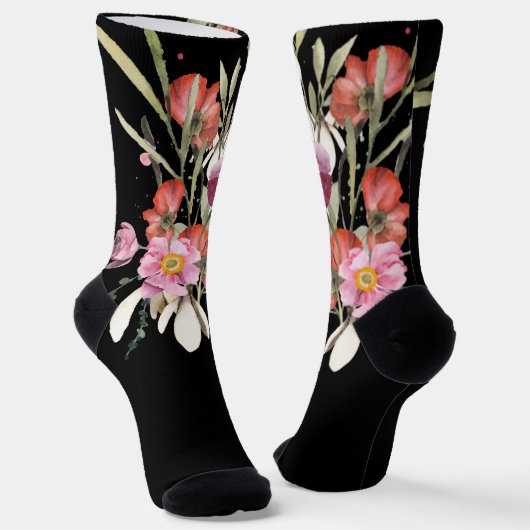 Chaussette Bouquet de fleurs Mariages roses sur noir (Angulaire)