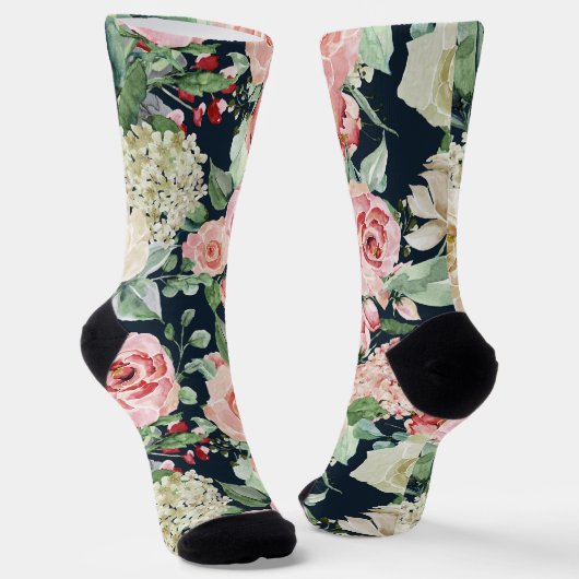 Chaussette Bouquet de fleurs Mariages roses sur noir (Angulaire)