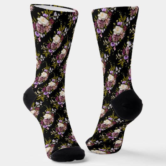 Chaussette Bouquet de fleurs violettes sur le noir (Angulaire)