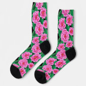 Chaussette Camellias rose Fuchsia et Feuilles verts Jade (Gauche)