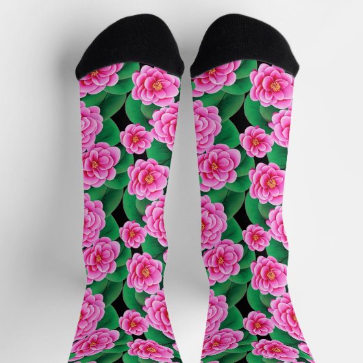 Chaussette Camellias rose Fuchsia et Feuilles verts Jade (Haut)