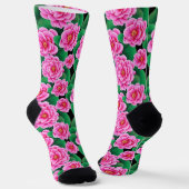 Chaussette Camellias rose Fuchsia et Feuilles verts Jade (Angulaire)
