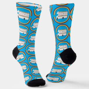 Chaussette Camper RV vintage double arc en ciel sur bleu colo