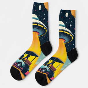 Chaussette Caricature Retro Sci Fi Rocket Ship and Golf Cart