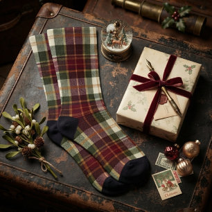 Chaussette Carreaux de Noël traditionnels Rouge Bourgogne et