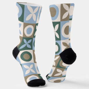 Chaussette Carreaux Mosaïques Géométriques Bleus et Marrons