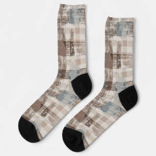 Chaussette Carrés Abstraits Bleu Marron Crème