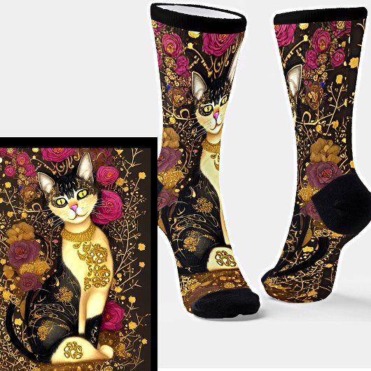 Chaussette Chat avec collier or et fleurs roses foncées