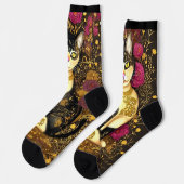 Chaussette Chat avec collier or et fleurs roses foncées (Gauche)
