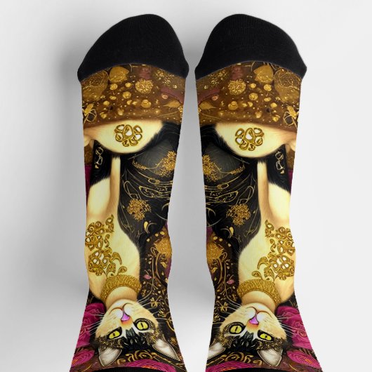 Chaussette Chat avec collier or et fleurs roses foncées (Haut)