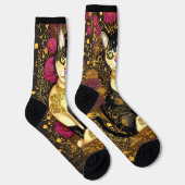 Chaussette Chat avec collier or et fleurs roses foncées (Droite)