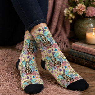 Chaussette Chat féerique tabby pastel fantaisiste floral